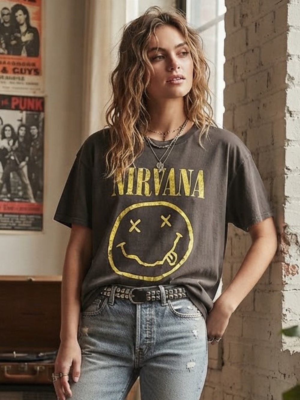 NIRVANA Black Short Sleeve Graphic Tee with Yellow Logo